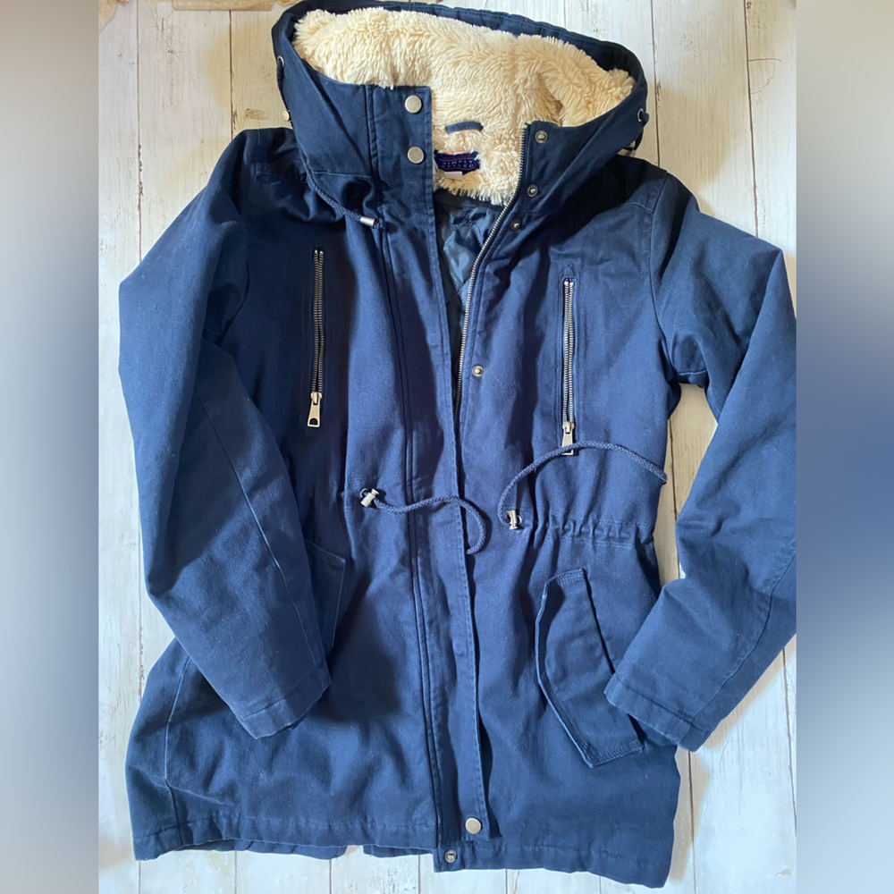 Simply Styled Women’s Navy Blue Hooded Pocket Utility Jacket Size Small